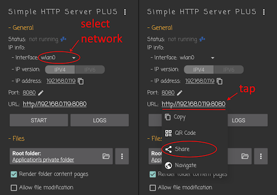 Sharing URL — network interface list, IP version, copy/share/QR/navigate, copy IP