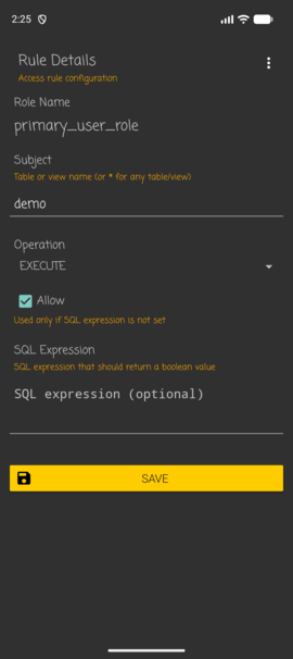 Database rule details: subject, operation, allow, SQL expression