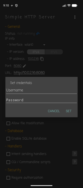 Set credentials dialog (username and password)