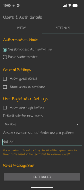 Users & Auth details: Settings tab with authentication mode, guest access, and registration/roles options