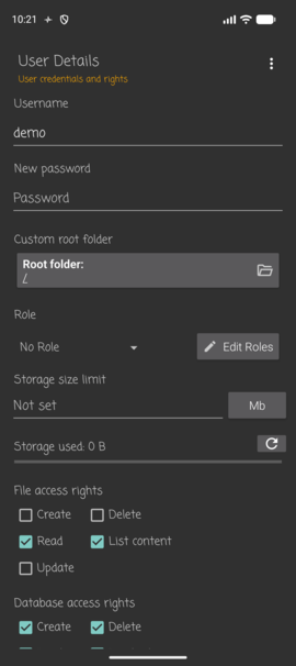 User Details: username, new password, custom root folder, and storage limit