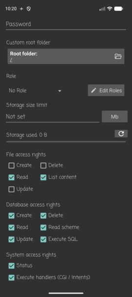 User Details: file, database, and system access rights toggles